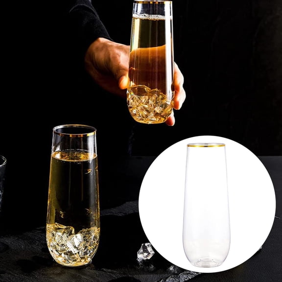ZOURIH 24 Pcak Champagne Flutes Plastic, 9 Oz Resuable Stemless Mimosa Gold Rim Toasting Glasses, Clear Crystal Plastic Cocktail Cups for Party Wedding Birthday,Clear