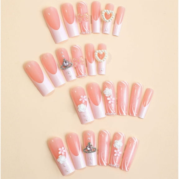 ZOURIH 24 Pcs Press on Nails,Medium Long Square Ballet Shape French Tip Pink False Nails,Flower Rhinestone Decorated Reusable Fake Nails for Women,Pink