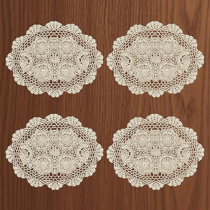 ZOURIH 4Pcs Handmade Cotton Crochet Doilies 12"x18",Oval Boho Lace Table Placemats Vintage Furniture Cloth Cover Room Decor,Floral Dollies for Tables Dresser Nightstand,Beige