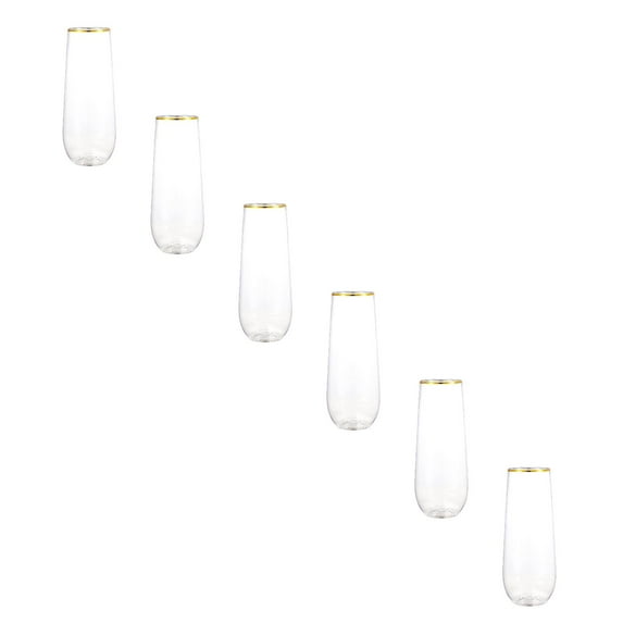 ZOURIH 6 Pcak Champagne Flutes Plastic, 9 oz Resuable Stemless Mimosa Gold Rim Toasting Glasses, Clear Crystal Plastic Cocktail Cups for Party Wedding Birthday,Clear