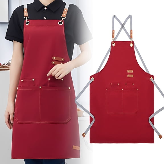 ZOURIH Chef Aprons for Men Women with Large Pockets, Cotton Canvas Cross Back Adjustable Cooking Kitchen Work Waterproof Bib Apron,Red