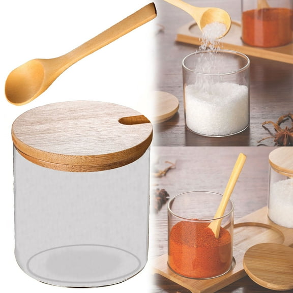 ZOURIH Clear Glass Jar with Bamboo Lid and Wooden Spoon, Cute Sugar Bowl Bath Salt Storage Canister Seasoning Container Condiment Pot with Scoop for Sugar, Spice, Pepper for Kitchen, Countertop