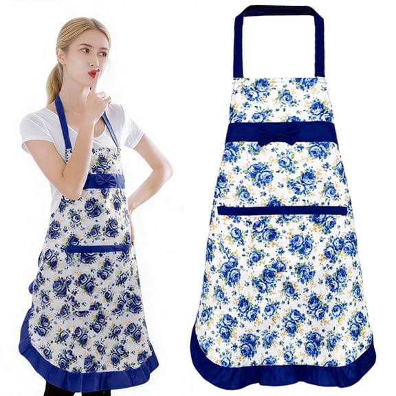 ZOURIH Floral Aprons for Women,Adjustable Kitchen Aprons with Big Pocket Vintage Cute Rose Floral Apron Chef Bakers Apron for Cooking Baking Gardening Apron Gift for Mom Wife Sister Grandma,Blue