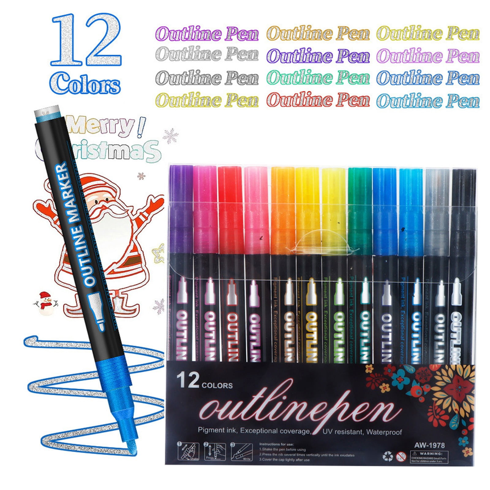 ZOURIH Glitter Markers Outline Pens Metallic: 12 Double Line Outline Markers,Self Outlining Glitter Pens Adult Coloring Gel Sparkle Outliner Shimmer,Drawing Art Supplies Craft,12 Colors