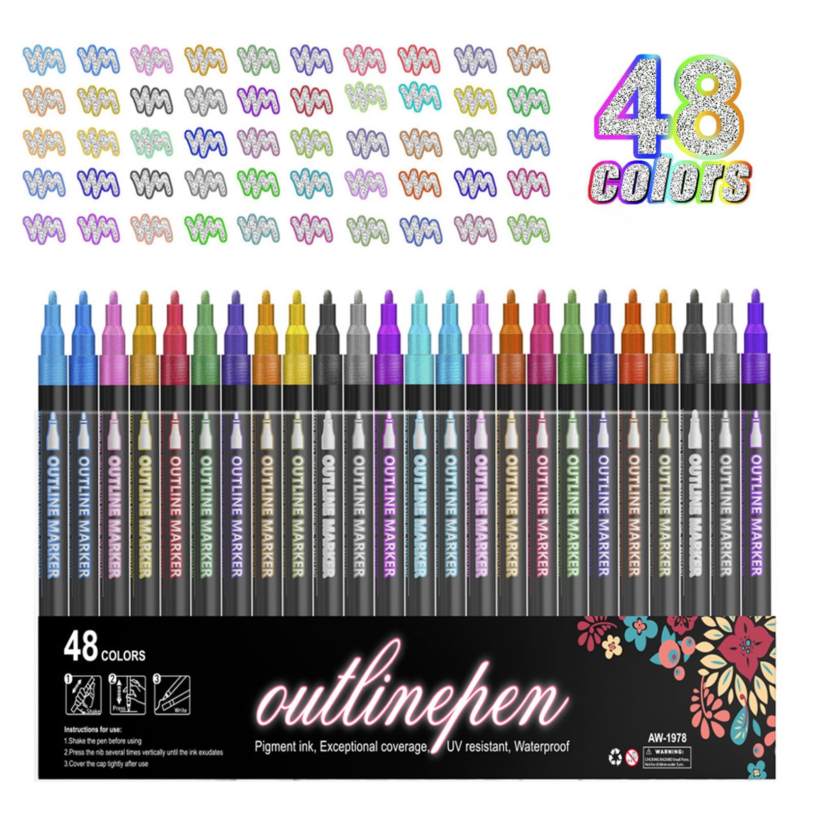 ZOURIH Glitter Markers Outline Pens Metallic: 48 Double Line Outline Markers,Self Outlining Glitter Pens Adult Coloring Gel Sparkle Outliner Shimmer,Drawing Art Supplies Craft,48 Colors