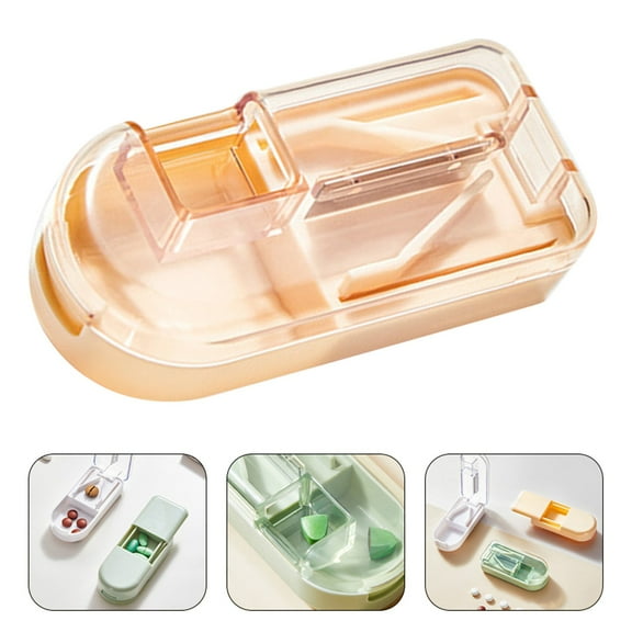 ZOURIH Pill Cutter Splitter for Small and Tiny Pills, or Large Pills,V-Shaped Design for Multiple Size,Safety Blade Guard Sliding Door Pill Storage,Beige