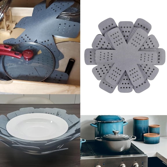 ZOURIH Pot and Pan Protectors 12 Pcs (7.9" 9.8" 14" 15"), Gray Pan Protectors for Stacking, Pots and Pans Dividers, 4 Different Sizes, Avoid Scratching Cookware Protectors,Star-Gray
