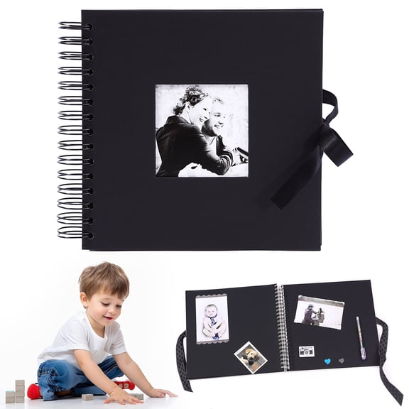 ZOURIH Scrapbook Photo Albums 80 Pages 8" Black Thick Kraft Paper Scrap Book DIY Memory Book for Your Scrapbooking Albums Art Craft Projects Wedding Birthday Travel Ribbon Closure,Black
