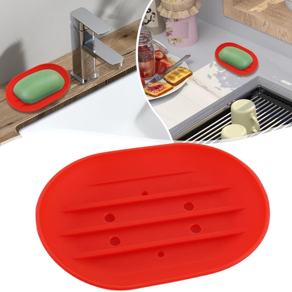 ZOURIH Soap Dish, Bathroom Soap Dishes Soap Holder Soap Tray with Holes to Drain Water- Oval Shape Soap Dish for Shower Bathroom Kitchen Counter top, Keep Soap Dry - Flexible Silicone,Red