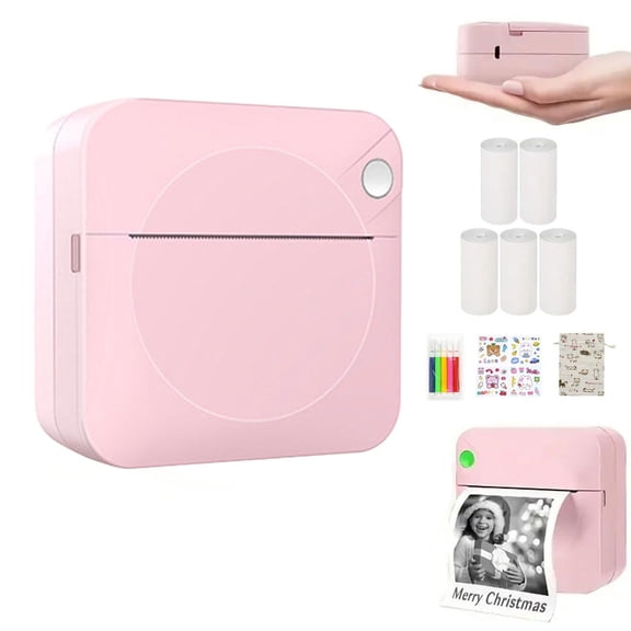 ZOURIH Sticker Printer-Mini Printer Print Pods Portable Thermal Inkless Sticker Maker Machine Bluetooth Pocket Impresora Portatil Instant Print for Notes,Label,Pictures,Web Page,DIY,Gift,5 Rolls-Pink