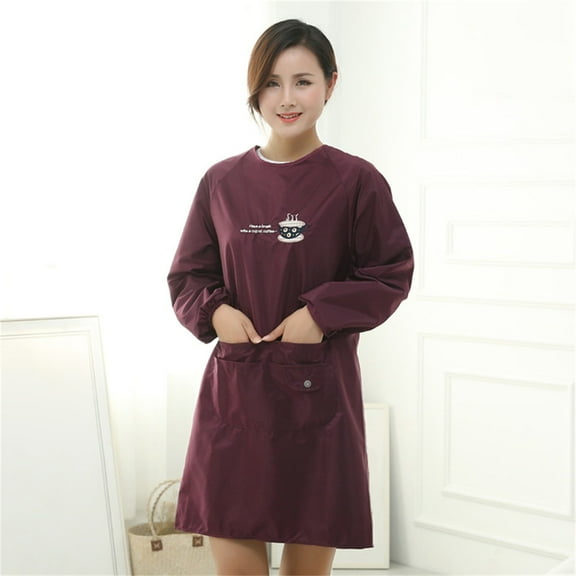 ZOURIH Women Kitchen Apron with Big Pockets,Long Sleeves Waterproof Apron for Cooking Baking Cleaning Work,Chef Aprons Kitchen Cooking Apron Grill Gift for Women,Rose Red