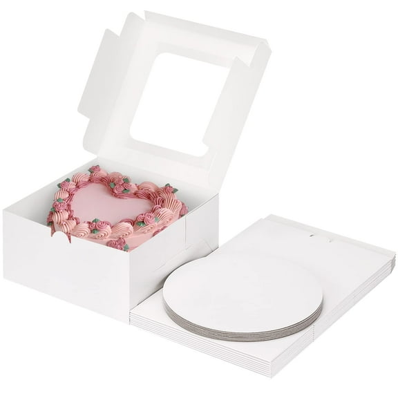 ZOUYUE 10 Inch Cake Boxes Set 20pcs (10pcs 10x10x5 Boxes & 10pcs Boards), White Paperboard Disposable Bakery Box with Window for Pastries, Cupcakes, Pie