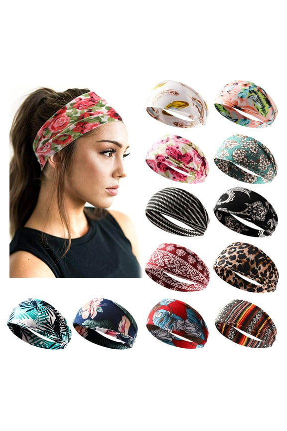 ZOUYUE 12 Pack Headbands for Women Boho Printed Non Slip Hair Band Sport Yoga Running Elastic Sweat Hair Wrap for Girls
