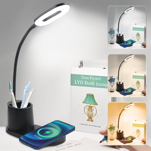ZOUYUE 2 in 1 LED Desk Lamp 15” Light LED USB Power Touch Control Black Desk Lamp with Pen Holder