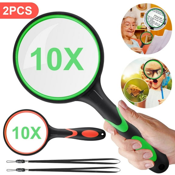 ZOUYUE 2PCS 10X Magnifying Glass, Magnifiers for Kids and Seniors with Shatterproof Lens, Non-Slip Rubber Handheld Reading Magnifier