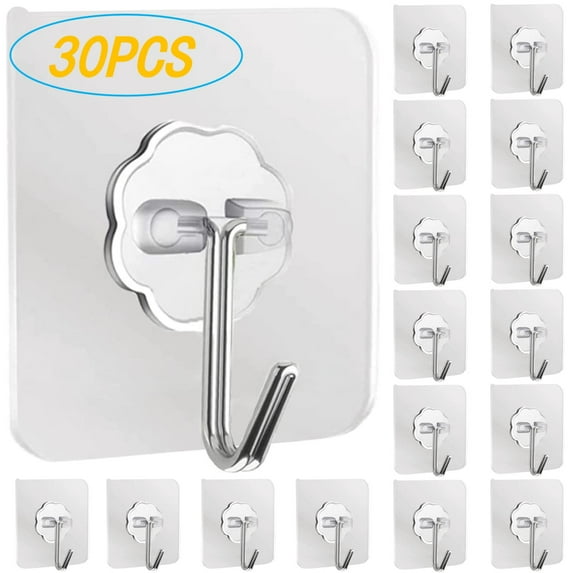 ZOUYUE 33lbs Adhesive Hooks for Hanging on Wall or Ceiling, Heavy Duty, Clear, Damage Free, Traceless, Stick on Hangers for Kitchen Bathroom, 30pcs
