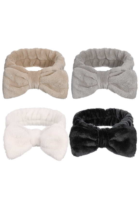 ZOUYUE 4 Pack Facial Bowknot Makeup Headband, Fleece Skin Care Bow Hair Bands for Women Spa Washing Face (Grey)(Grey)
