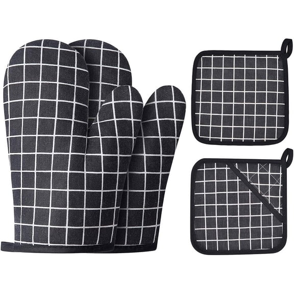 ZOUYUE 4-Pack Oven Mitts and Pot Holders,Kitchen Oven Glove High Heat Resistant Long Oven Mitts and Potholder with Recycled Infill Silicone Non-Slip Cooking Gloves for Cooking Baking Grilling-Black