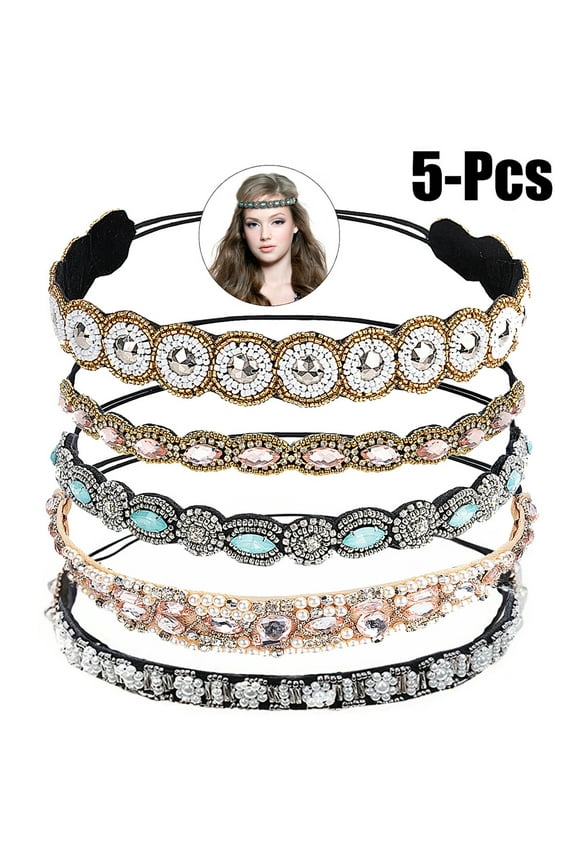 ZOUYUE 5PCS Rhinestone Headband Fashionable Handmade Crystal Hair Band Wedding Bridal Bohemian Gatsby Headband Headwrap for Women Girls