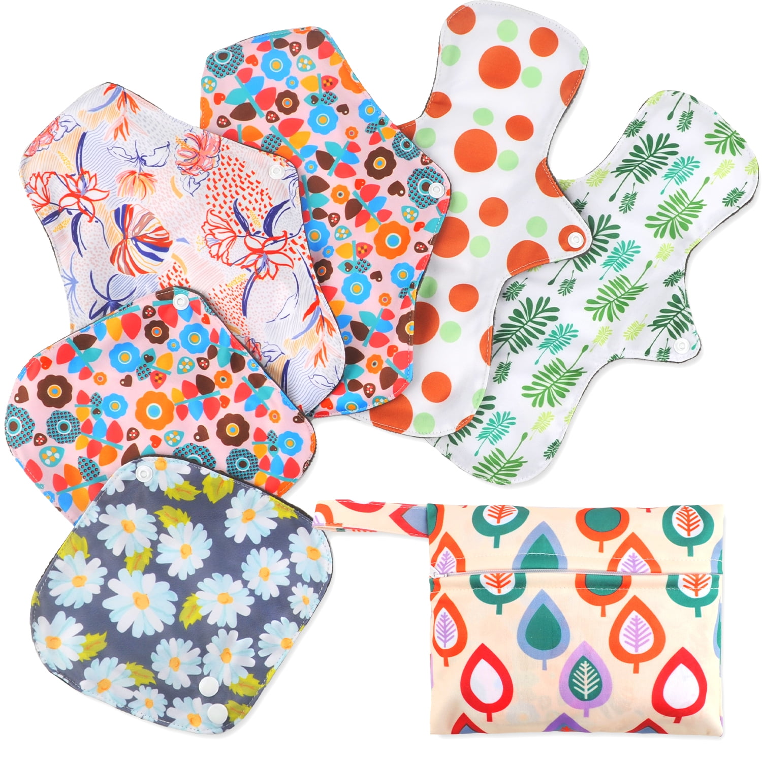 ZOUYUE 7 in 1 Reusable Menstrual Pads, Bamboo Cloth Pads for Heavy Flow with Wet Bag, S/M/Large Washable Overnight Soft Cloth Sanitary Pads Panty Liners Period Pads