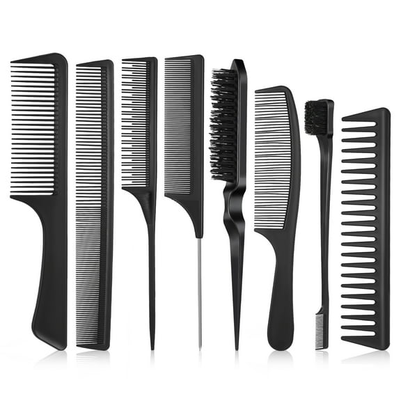 ZOUYUE 8Pcs Hair Styling Combs Set, Include Bristle Hair Brush, Grooming Comb, Sturdy Rat Tail Comb, for Women Girls Kids and Hair Stylists, Black