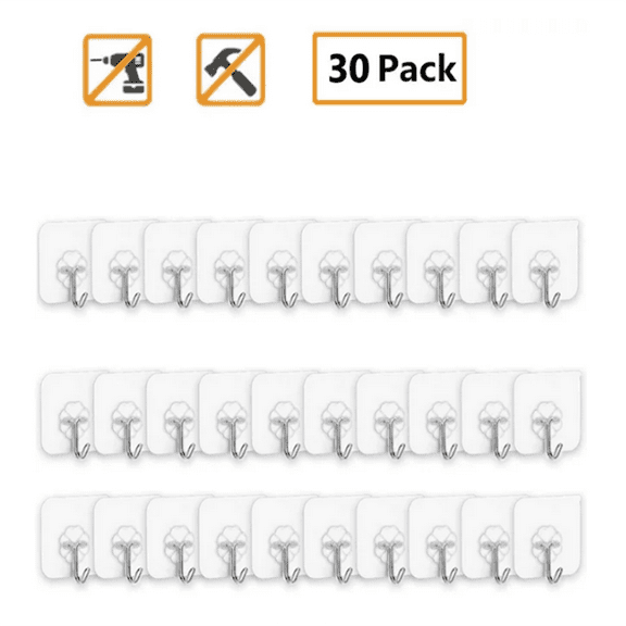 ZOUYUE Adhesive Hooks , Kitchen Wall Hooks Heavy Duty 33lb (Max) Nail Free Sticky Hangers with Stainless Hooks , Natural , Reusable Utility , Towel Bath Ceiling Hooks , 30 Packs
