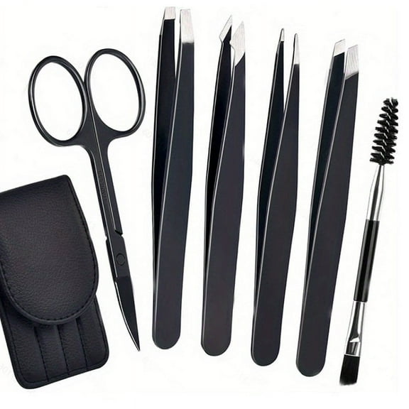 ZOUYUE Eyebrow Tweezer Set for Women or Men, 6 Pcs Precision Tweezers Set for Eyebrows with Curved Scissors for Ingrown Hair, Hair Plucking Daily Beauty Tools with Leather Travel Case(Black)