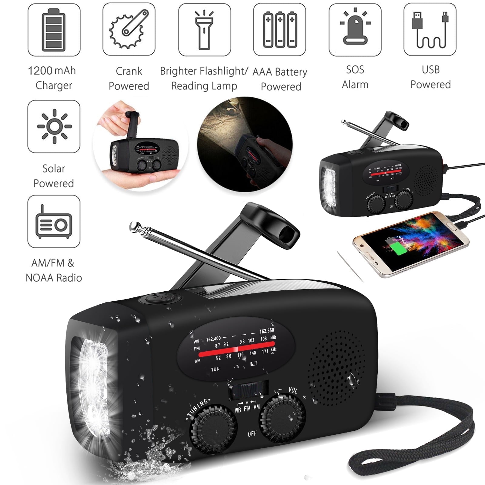 ZOUYUE Hand Crank Emergency Radio, Portable Radio Solar Powerd AM FM WB NOAA Weather Radio with Flashlight, Cell Phone Charge, SOS Alarm