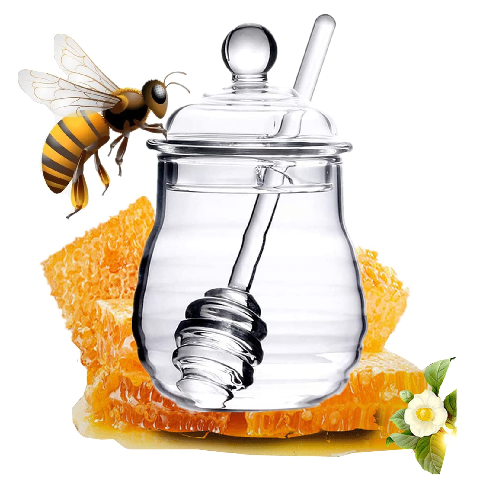 ZOUYUE Honey Dispenser Glass Honey Jar with Dipper and Lid Honey Pot Container for Home Kitchen
