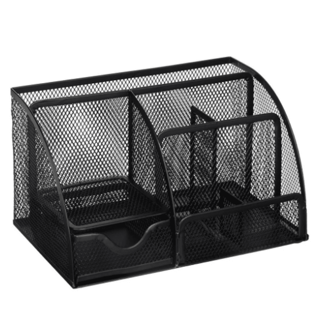 ZOUYUE Mesh Desk Organizer Office Desktop Organizer with Drawer, Metal Stationary Organizer Black Desk Caddy, 6 Compartments, 8.75 x 5.5 x 5 inch, 1 Pack