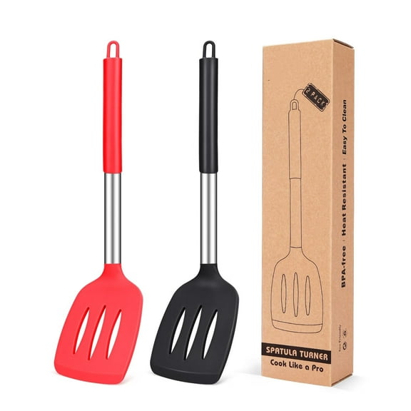 ZOUYUE Pack of 2 Silicone Solid Turner,Non Stick Slotted Kitchen Spatulas,High Heat Resistant BPA Free Cooking Utensils,Ideal Cookware for Fish,Eggs,Pancakes (Black/Red)