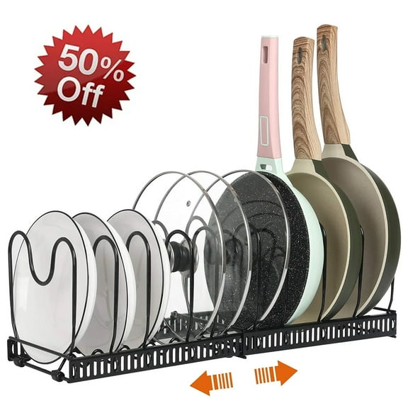 ZOUYUE Pot and Pan Organizer Rack for Cabinet, Expandable Pot Lid Organizer with 12 Adjustable Dividers, Pan Holder Storage Rack for Kitchen Cabinet, Black