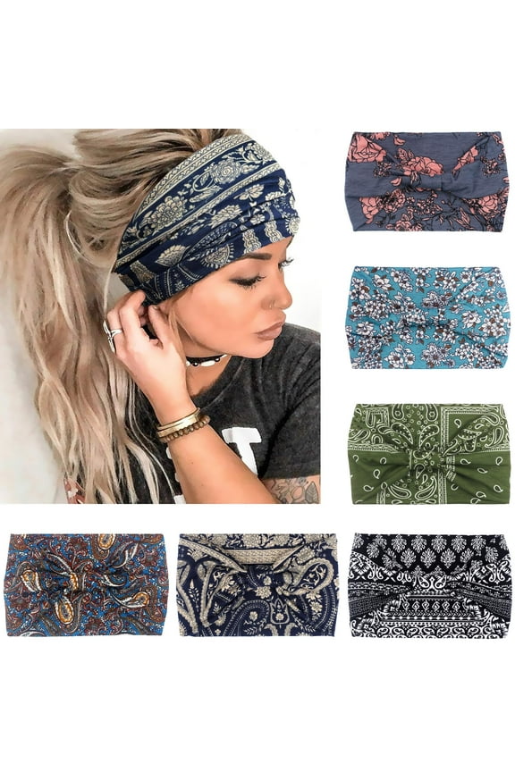 ZOUYUE Wide Headbands for Women No Slip African Boho Headbands Solid Bandana Headbands Elastic Yoga Workout Sweat Bands Running Sport Turban Knotted Headwraps,Pack of 6