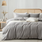 ZOVAN Duvet Cover Set 100% Washed Cotton Super Soft Breathable Durable (Light Grey, King)