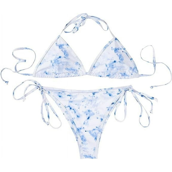 ZOWYA Women Triangle Tie Side Bikini Sets Solid Color Block/Tie Dye Camo Halter String Swimsuit Two-Piece Vintage Swimwear