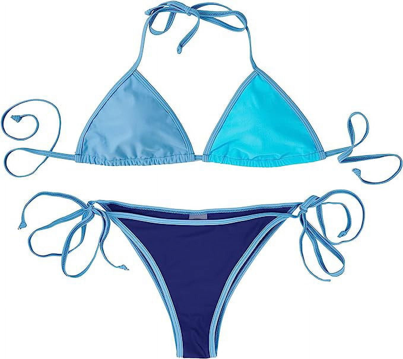 Zowya Women Triangle Tie Side Bikini Sets Solid Color Block Tie Dye Camo Halter String Swimsuit