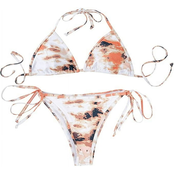 ZOWYA Women Triangle Tie Side Bikini Sets Solid Color Block/Tie Dye Camo Halter String Swimsuit Two-Piece Vintage Swimwear