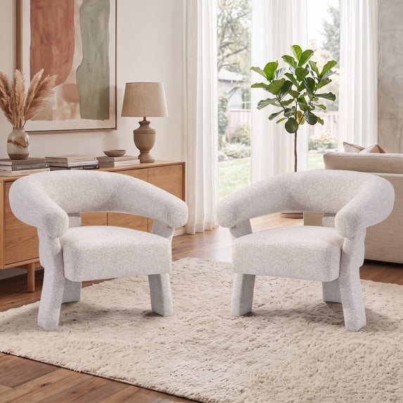 ZOY HOME 2-Pack Modern Accent Chairs, Chenille Barrel Armchair with Solid Wood Legs, Curved Backrest, Upholstered for Living Room, Beige