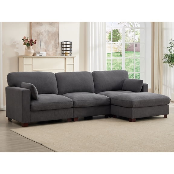 ZOY HOME 109'' Modular Sectional Sofa, Deep Seat Corduroy Convertible L Shaped Couch with Movable Ottoman for Living Room, Gray