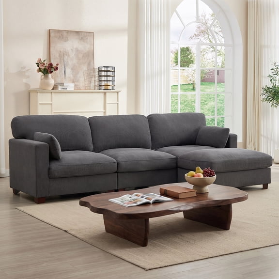 ZOY HOME 109'' Modular Sectional Sofa, Deep Seat Corduroy Convertible L Shaped Couch with Movable Ottoman for Living Room, Gray