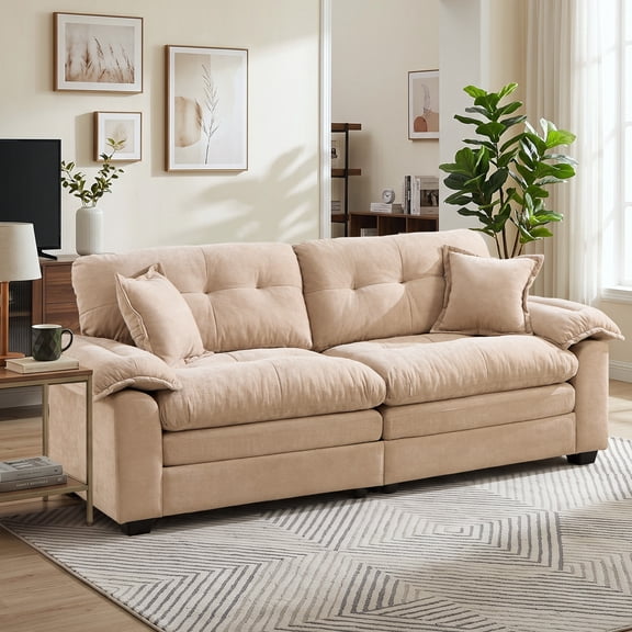 ZOY HOME 86" Wide 3-Seater Sofa, Overstuffed Loveseat with 2 Throw Pillows, Sturdy Steel Frame Couch for Living Room,Oatmeal Beige
