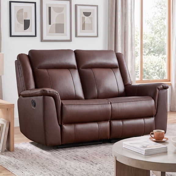 ZOY HOME Genuine Leather Manual Reclining Loveseat, 2-Seat Overstuffed Recliner Sofa with Wide Footrest for Living Room, Home Theater, Brown