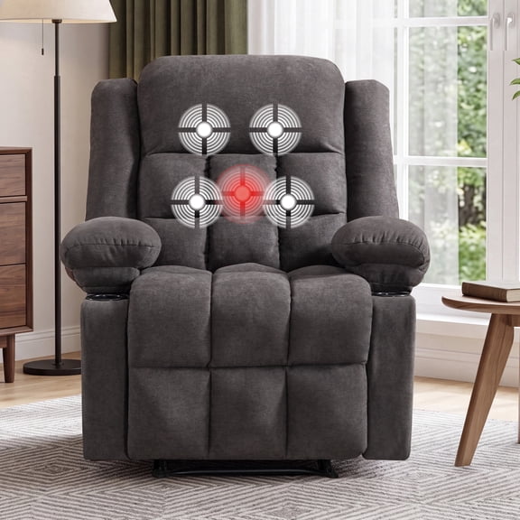 ZOY HOME Manual Recliner Chair, Fabric Breathable Recliner with Massage and Heat, Cup Holders, Storage Pockets for Living Room, Gray