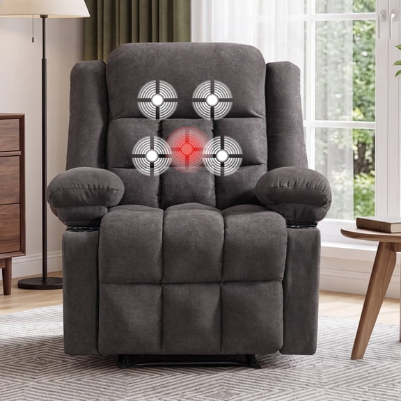 ZOY HOME Manual Recliner Chair, Fabric Breathable Recliner with Massage and Heat, Cup Holders, Storage Pockets for Living Room, Gray