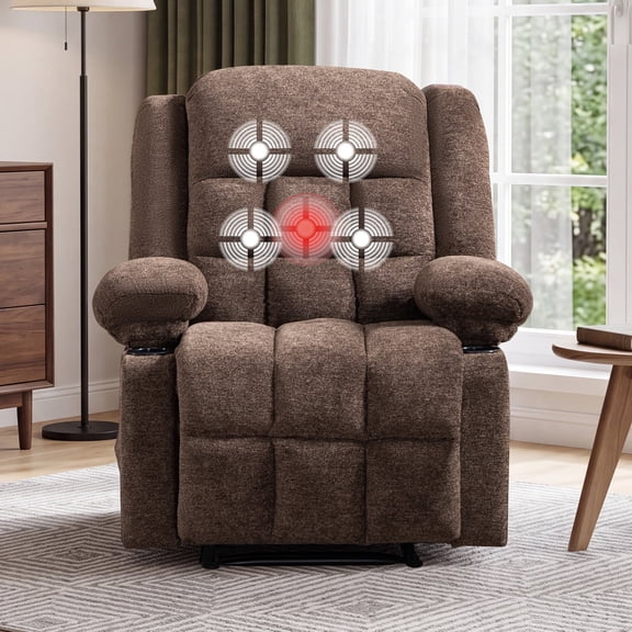 ZOY HOME Manual Recliner Chair, Fabric Breathable Recliner with Massage and Heat, Cup Holders, Storage Pockets for Living Room, Brown