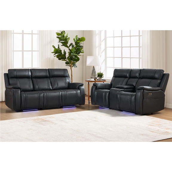 ZOY HOME Power Recliner Sofa Set, Breathable Leather Loveseat and 3 Seater Sofa with Storage Console, Cup Holders, USB Port, Side Pocket, Black