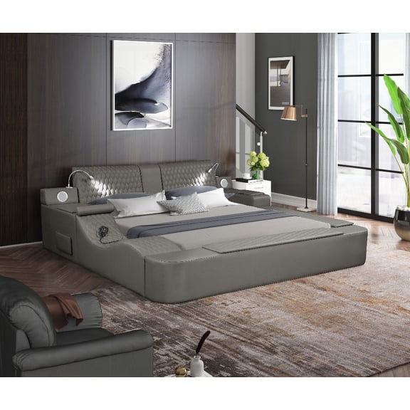ZOYA Smart Multifunctional Massager Queen Size Bed in Gray with Wood and Faux Leather - Integrated USB Charging & Bluetooth Speakers