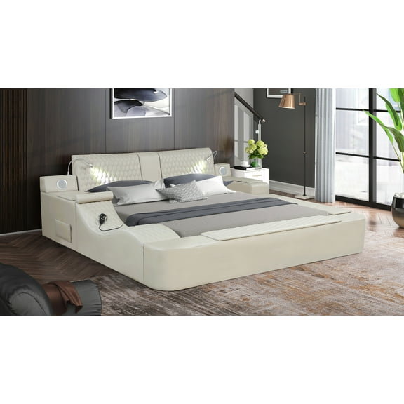Smart Multifunctional massager Queen Size Bed Made with Wood and Faux Leather in Beige
