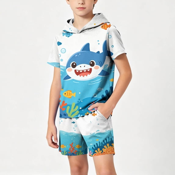 ZOYOEN Boys 3D Print Outfits Set- Fashion Casual Short Sleeve Kids Summer Clothes Hooded T Shirt and Shorts White Size 14