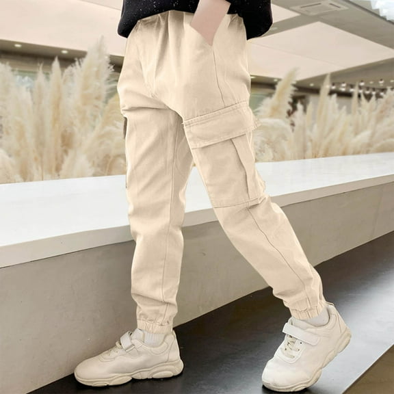 ZOYOEN Boys Cargo Pants- Casual Elastic Waist Cotton Kids Joggers Beige Size 14